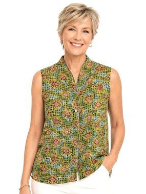 Ishyu Green Blue Yellow Pink Floral Silk Sleeveless Top